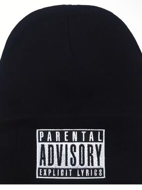Black Beanie with White "Parental Advisory" Patch